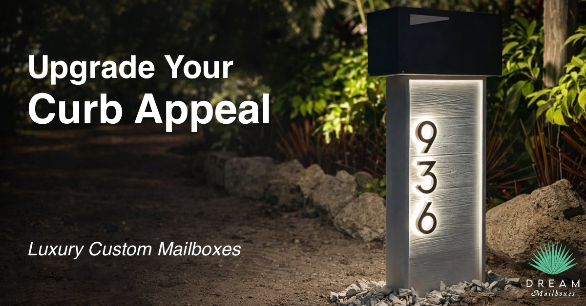 A modern mailbox at the end of a landscaped residential driveway