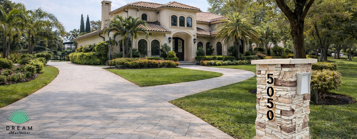 A faux-pillar mailbox at the end of a landscaped driveway in a planned community