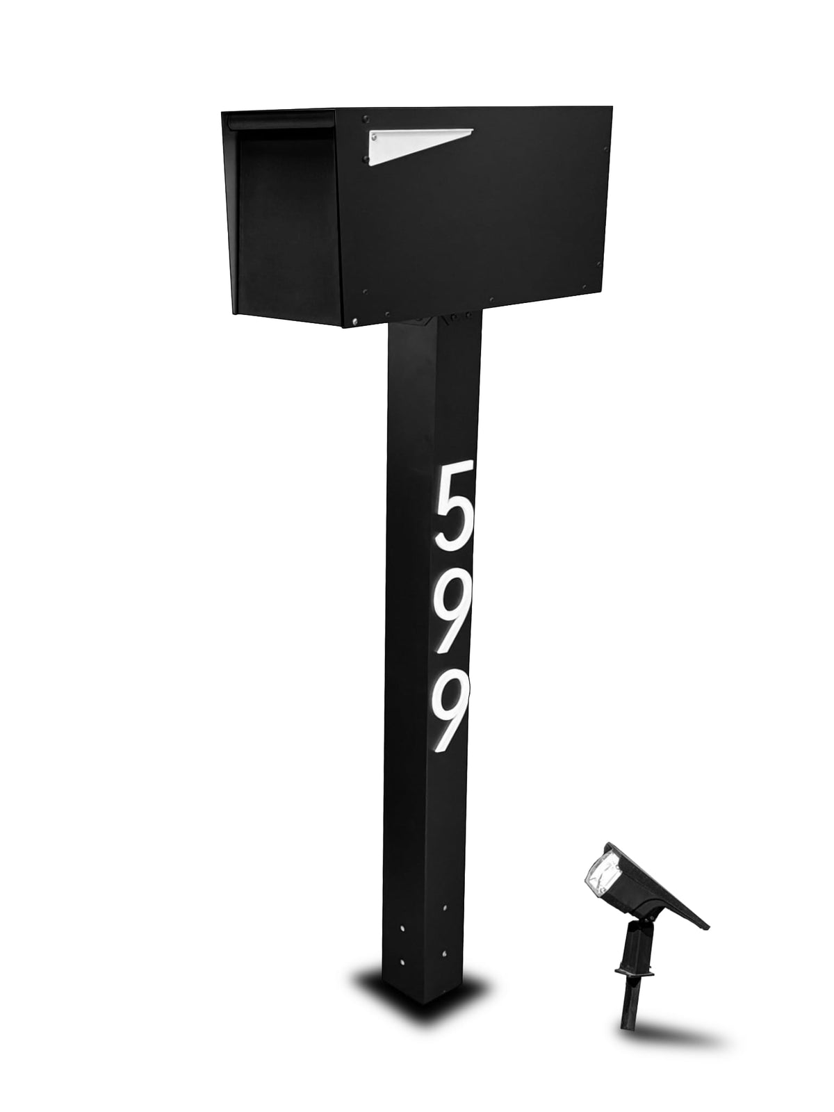 A black steel mailbox on a straight, concrete-set post at the curb