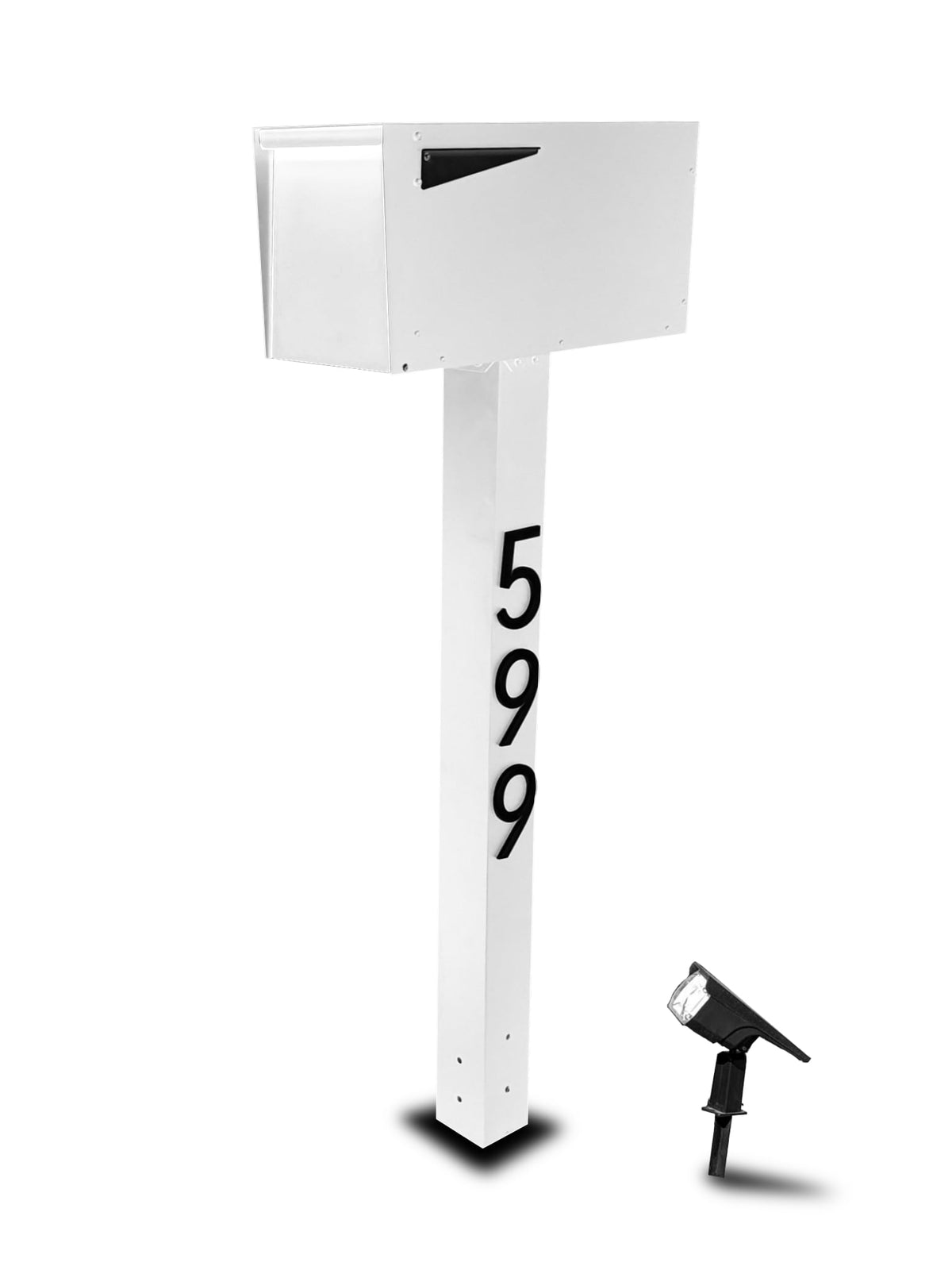 A steel mailbox and matching post at a residential curb