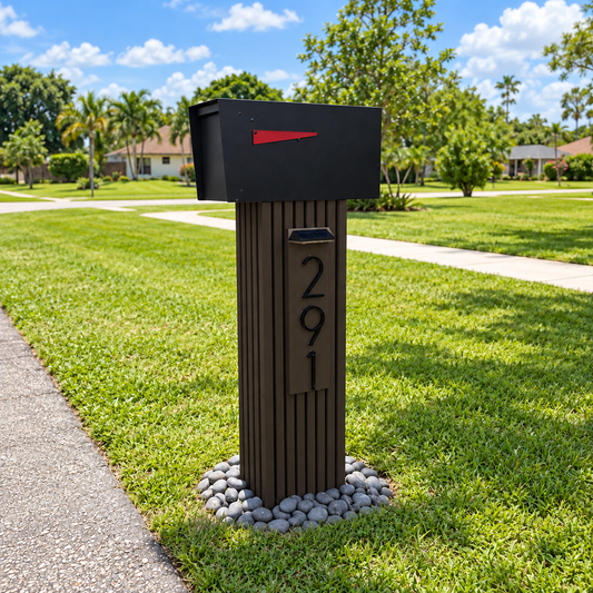 Slat Wrap Composite Mailbox in walnut with standard black 291 numbers on matching backplate