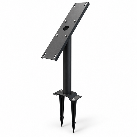 Assembled black powder-coated steel solar panel ground post mount with stainless steel hardware on white